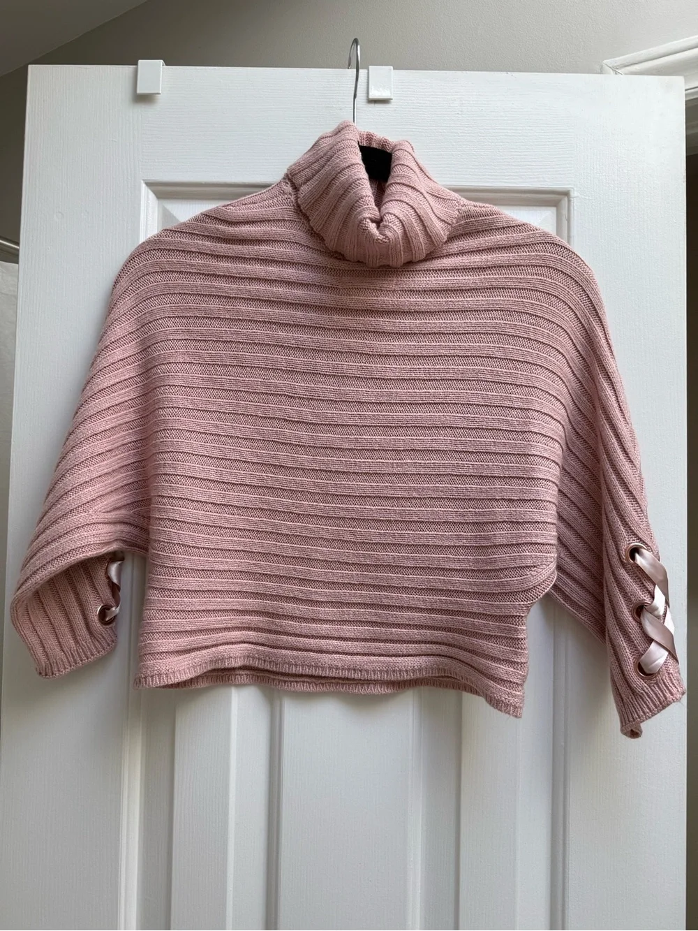 Justice Blush Pink Ribbed Turtleneck Sweater Satin Lace-Up Sleeves Size 14